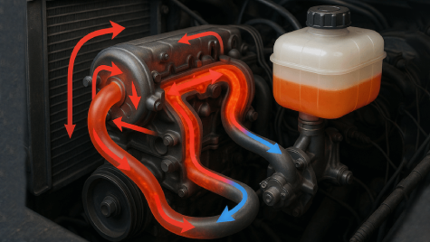Схема руху охолоджувальної рідини в системі охолодження двигуна